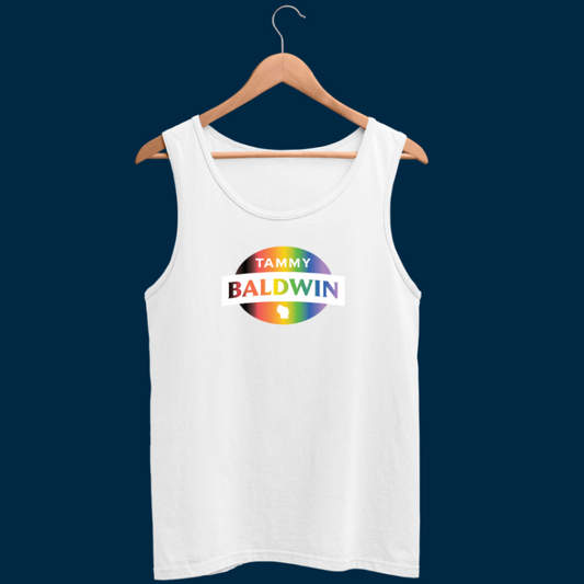 Unisex fit white tank top with a rainbow Tammy Baldwin for Senate logo at the center for Pride Month.