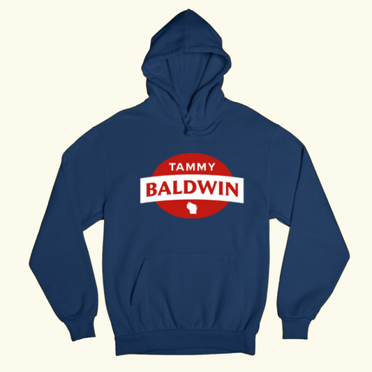 Unisex pullover hoodie in navy blue with a red and white Tammy Baldwin for Senate logo in the middle.