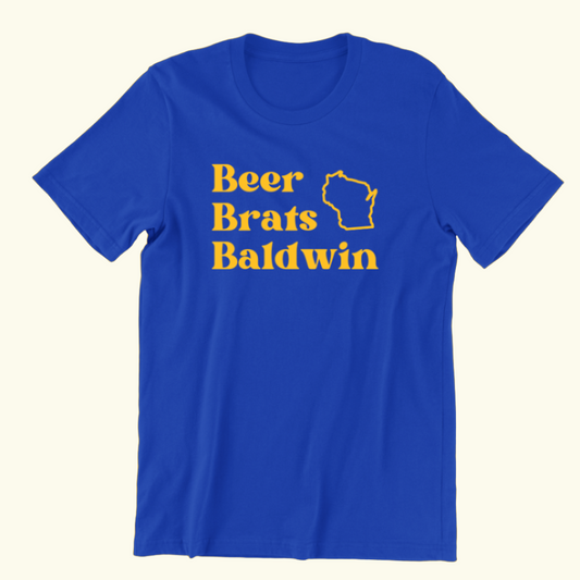 Unisex t-shirt in a royal blue color with the words Beer Brats Baldwin and an outline of the state of Wisconsin all in yellow.