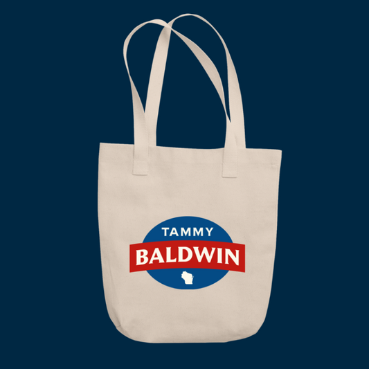 Canvas tote bag in a natural beige color with a Tammy Baldwin for Senate logo centered.