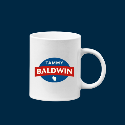 A white ceramic mug with a Tammy Baldwin for Senate campaign logo.