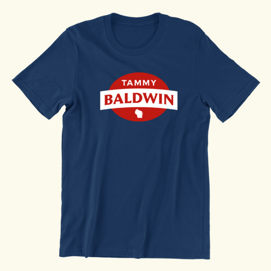 Dark blue short-sleeved t-shirt with a red and white Tammy Baldwin for Senate logo at the center.