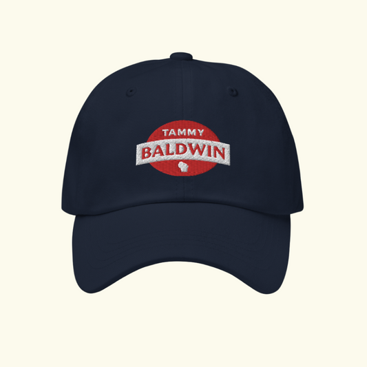 Unstructured navy blue hat with a red and white Tammy Baldwin for Senate logo on the front.