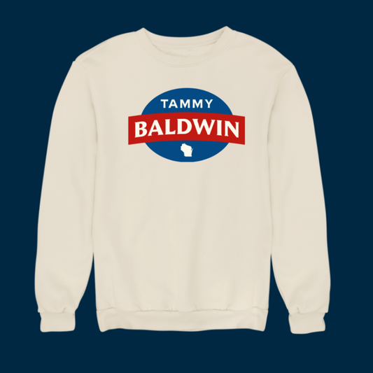 Unisex crewneck sweatshirt in cream and a Tammy Baldwin for Senate logo at the center.